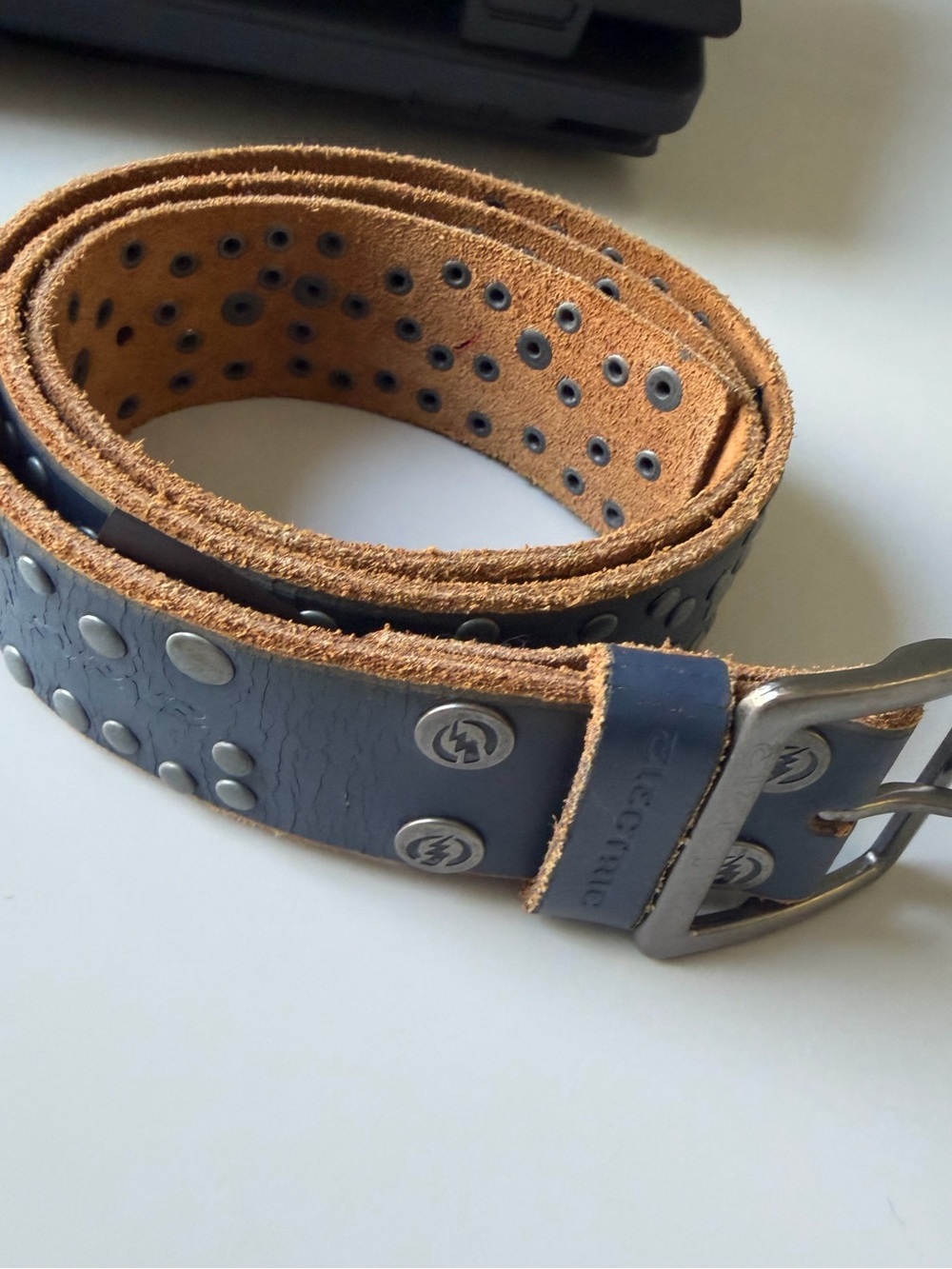 Electric Visual Galaxy II Studded Genuine Leather Moto Belt Navy Blue 34
